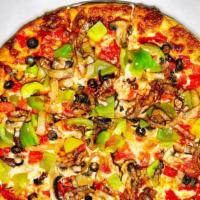 Large Red Pizza With Olives, Peppers, Onions, & Mushrooms  · A Vegetarian Favorite! Thin crust, cheese, and tomato pizza, mozzarella, spices, fresh garli...