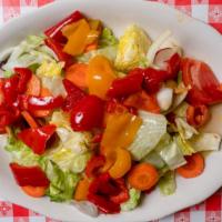 Salad With Red Peppers · Vegan, vegetarian, and gluten-free. Marinated red peppers on top of salad: iceberg lettuce, ...