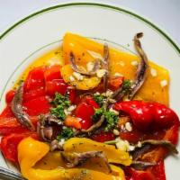 Red Peppers & Anchovies · Gluten-free.  Cold, Marinated in vinegar, olive oil, fresh garlic, and spices.