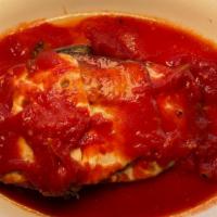 Eggplant Parmigiana · Vegetarian. Lightly battered, layered with mozzarella, and topped with marinara.