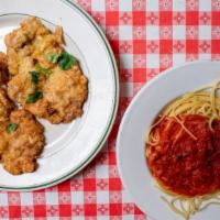 Veal Francese With Spaghetti · Lightly battered veal cooked in white wine, garlic, and oil.
