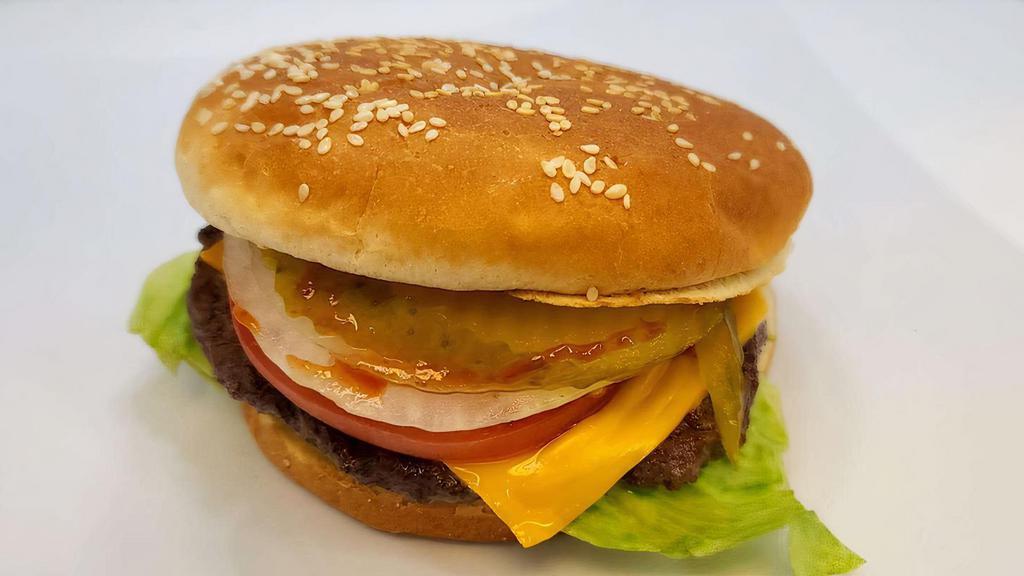 Cheeseburger · Halal Beef patty served with cheese, lettuce, tomato, onion, pickle, mayonnaise and ketchup.