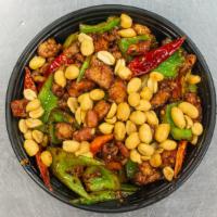 Kung Pao Chicken · Spicy. Diced chicken stir fry with water chestnuts, green peppers, and top with peanuts.