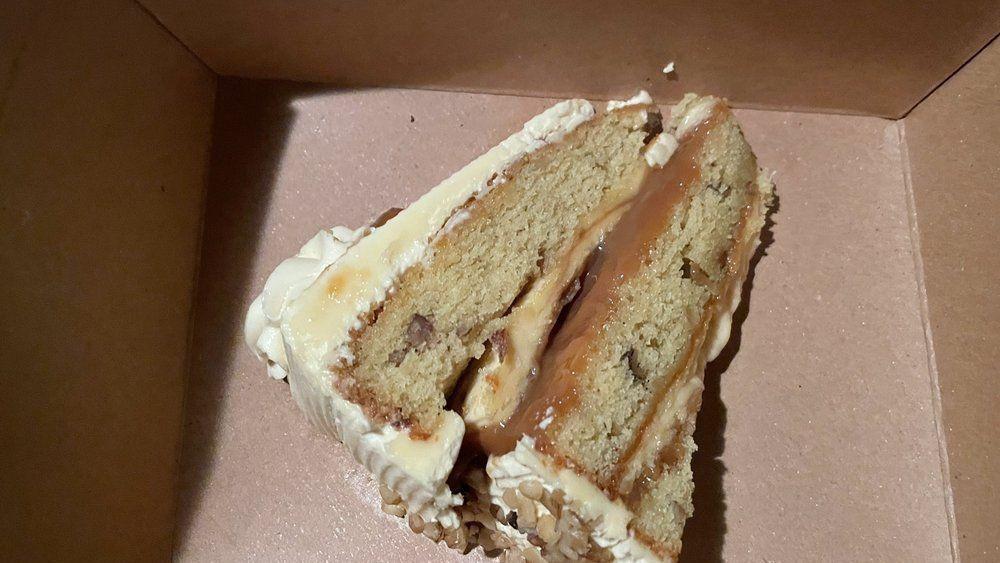 Banana Foster Cake · Three layers of moist banana flavored cake with caramel and banana frosting.