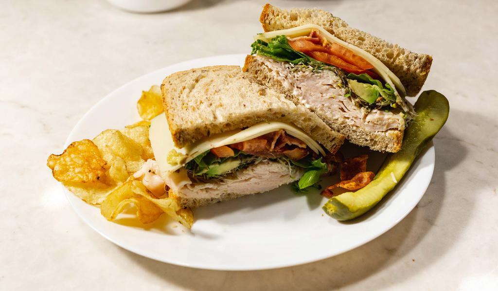 Turkey Delight Sandwich · Sliced turkey breast, bacon, swiss, avocado, sprouts, lettuce, tomato on multi-grain bread. Includes Chips