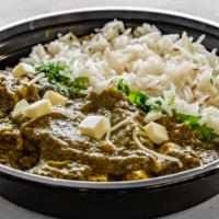 Saag Paneer Rice Bowl (Heat And Eat) · Paneer cooked with puréed spinach, spices, onion, and garlic.