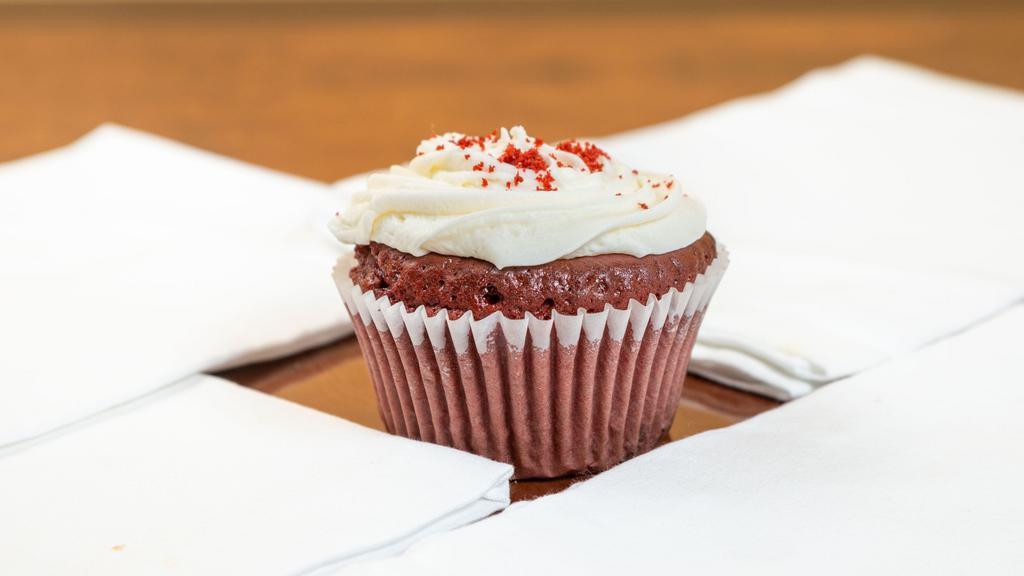 Red Velvet · Fluellen cupcakes signature flavor. Classic red velvet cake topped with a vanilla cream cheese frosting.