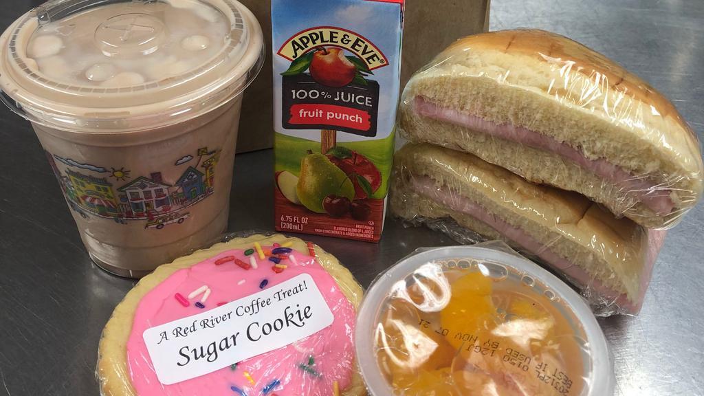 Ham & Turkey Sliders · 1 Ham & 1 Turkey Slider & American Cheese on a soft, white bun served with your choice of Applesauce or Oranges, a Sugar Cookie or small Ice Cream, & small Milk or Juice Box (apple, grape, orange, or fruit punch).