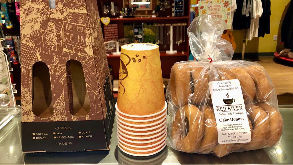 Meeting Pack · Coffee of your choice for 8-12 (96oz Growler & twelve 8oz cups) and a dozen of our Grandma's Cake Donuts.
