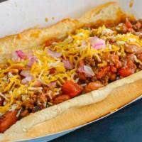 Chili Cheese Dog · House-made chili, cheddar jack cheese and red onion.