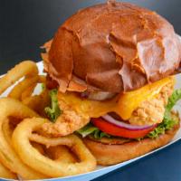 Crispy Bbq Chicken · Fried chicken tenders served on an oil top bun with house-made BBQ sauce, cheddar cheese, ba...