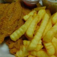 3 Pc Fish Dinner · (3) Golden fried catfish fillets. Served with crispy crinkle cut fries and (1) cup of green ...