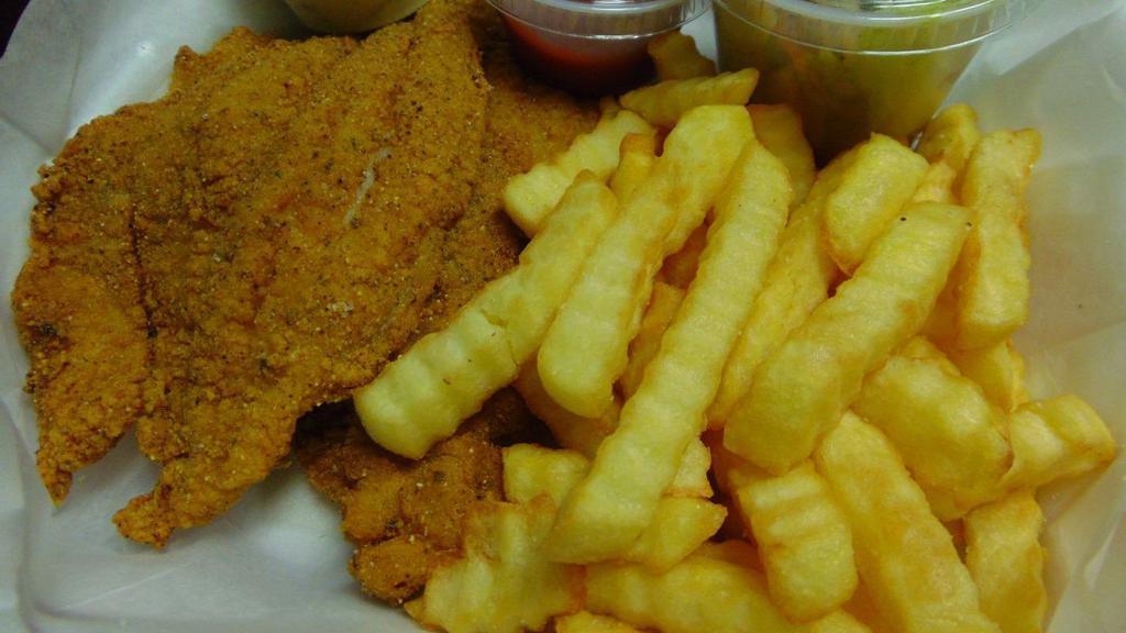 3 Pc Fish Dinner · (3) Golden fried catfish fillets. Served with crispy crinkle cut fries and (1) cup of green salad. Tartar sauce & ketchup included.