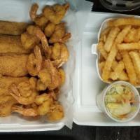 Meal For 4 Under $40 · (8) Golden fried catfish fillets and (24) fried shrimp - Served with crispy crinkle cut frie...