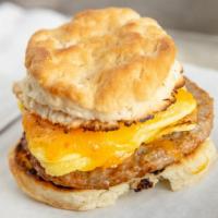Sausage, Egg, And Cheese Biscuit Sandwich  · Cage-free eggs, sausage, and cheddar cheese served on a warm biscuit.