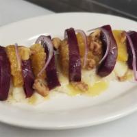 Beet & Orange · Dairy free. Gluten free. Slices of red beets and oranges with lemon potato puree and drizzle...