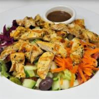 Grilled Chicken · Gluten free. Mixed greens with cucumbers, tomatoes, kalamata olives, and red cabbage.