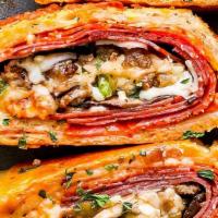Deluxe Roll · Mushrooms, G. Peppers, Pepperoni, Sausage, Meatballs, onions,  Mozzarella, Provolone and Ame...