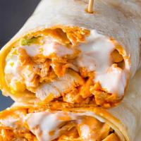 Buffalo Chicken Wrap · Buffalo chicken, spring mix, lettuce, tomatoes, onions, blue cheese and cheese.