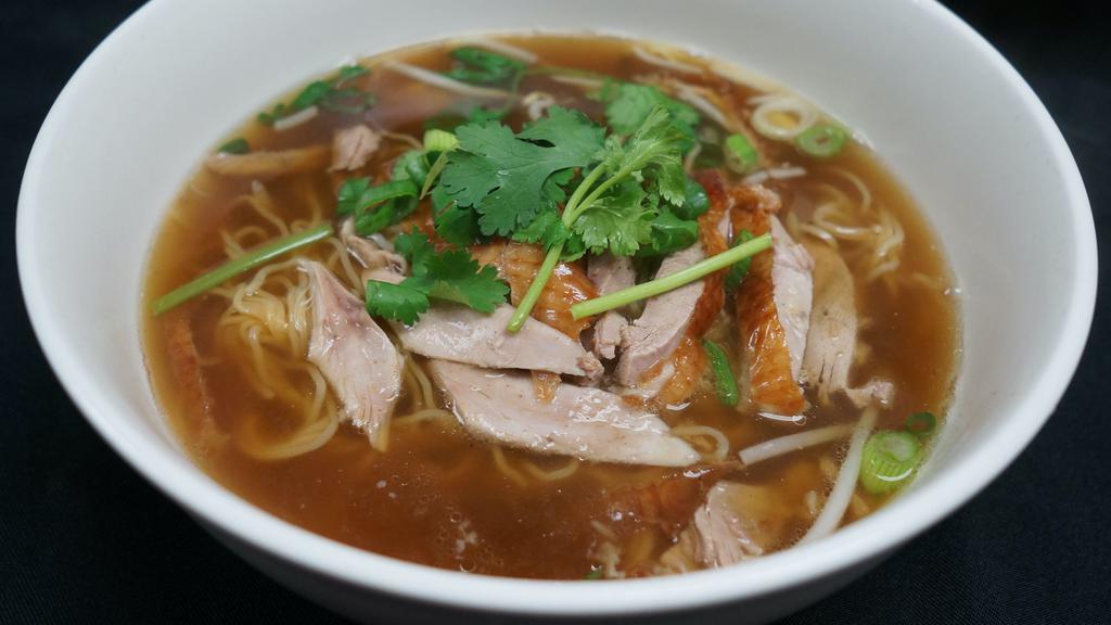 Roasted Duck Noodle Soup · Noodles with sliced roasted duck in duck broth, topped with cilantro.