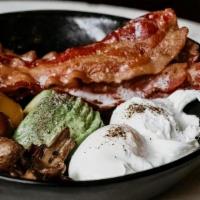 Bacon + Egg Protein Brekky · roasted mushrooms, avocado, blistered cherry tomatoes