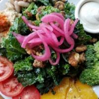 Power Salad · Vegan. Gluten-Free. Kale, hummus, golden beet, broccoli, tomato, pickled red onion, julienne...