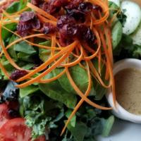 Kale & Spinach · Kale, spinach, cucumbers, roma tomatoes, hummus, cranberries, carrots and Dijon vinaigrette.