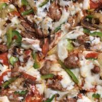 Supremo Pizza · Pepperoni, fresh mushrooms, green peppers, caramelized onions, Italian sausage, black olives...