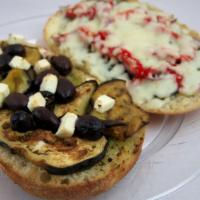 Eggplant Sandwich · Roasted eggplant, roasted red peppers, red onions, kalamata olives, Mozzarella cheese, Feta ...