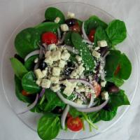 Spinach Salad · Fresh baby spinach, tomatoes, red onions, Kalamata olives, Gorgonzola cheese and balsamic vi...