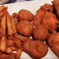 Fridays Only Fried Salmon Nuggets  Platter   · (6) Fried Salmon Nuggets with Fries, Jambalaya, Hush Puppies, Coleslaw & Drink