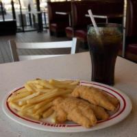 Chicken & Chips · All white premium chicken tenderloins cooked golden brown served with fries and your choice ...