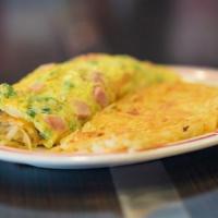 Farmers Omelet · Diced ham, green peppers and onions.  with your choice of American, Swiss, cheddar, feta or ...