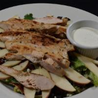 Apple Pecan Chicken Salad · Mixed greens tossed green apple slices, roasted pecans, dried cranberries, and bleu cheese c...