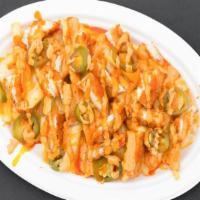 Buffalo Chicken Fries · Fries smothered with melted Monterey Jack & Cheddar cheese,
topped with jalapeños & diced, c...