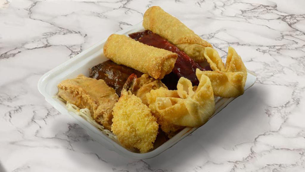 Pu Pu Platter · Chicken wings, fried shrimp, fried wonton, cream cheese wonton, sweet & sour chicken, teriyaki chicken, egg roll.