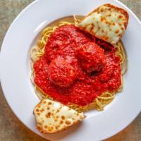 Spaghetti & Meatballs · Served with two homemade meatballs and one slice of garlic bread.