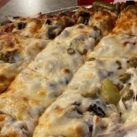 Veggie Pizza · Vegetarian. Mushrooms, green pepper, onion, green and black olives.