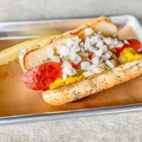 Chicago Dog · tomato, onion, mustard, pickle, peppers, relish