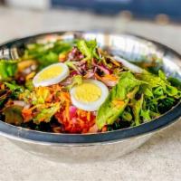 Chef Salad · boiled egg, bacon, red onion, tomato, avocado, cheddar cheese