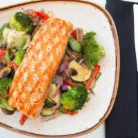 Grilled Salmon & Veggies · Mushrooms, zucchini, broccoli, mixed bell peppers, red onion, sautéed in extra virgin olive ...