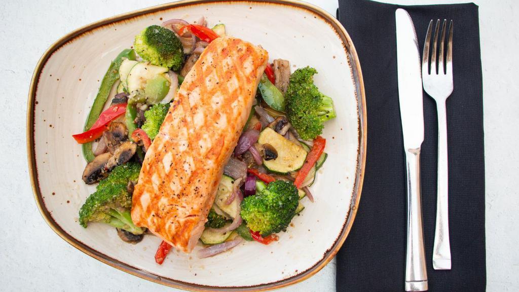 Grilled Salmon & Veggies · Mushrooms, zucchini, broccoli, mixed bell peppers, red onion, sautéed in extra virgin olive oil and fresh garlic.