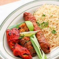 Combo Kabob For 1 · Two pieces, boneless chicken, and two pieces, lamb kabob, and one piece beef seekh kabob.