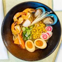 Seafood Noodles · Pork bone broth with Shoyu (soysauce), deep fried Shrimp, Mussels, Scallops, and Kani (Imita...