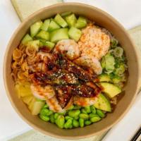 Dragon Bowl (Cooked) · Shrimp, Eel, Rice seasoning, Edamame Cucumber, Avocado, Crab salad, Pineapple, topped with g...