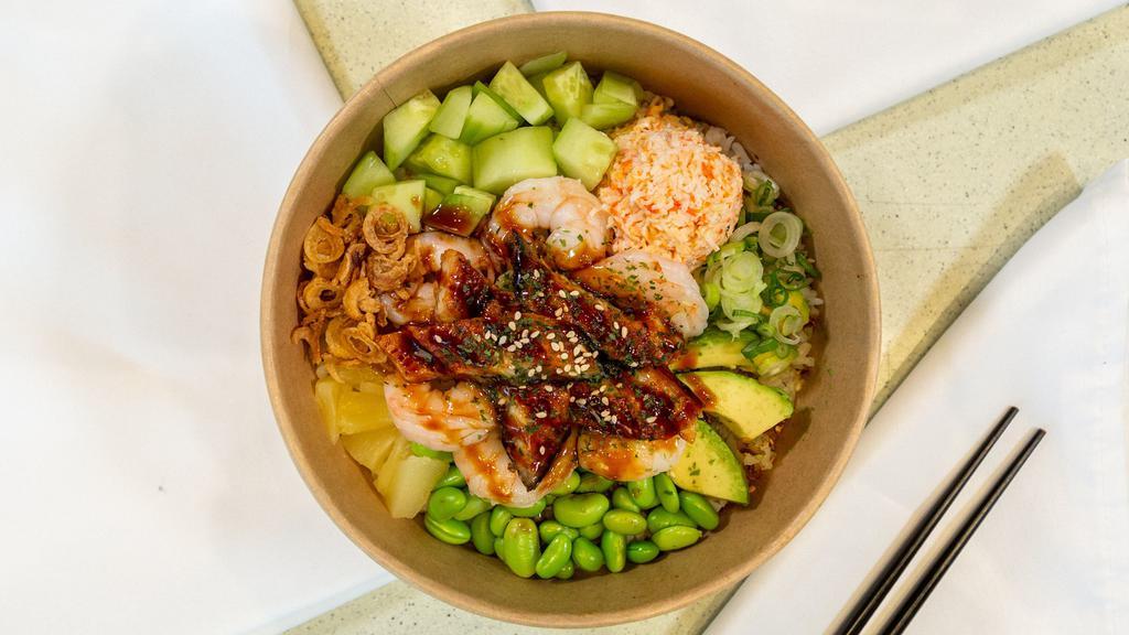 Dragon Bowl (Cooked) · Shrimp, Eel, Rice seasoning, Edamame Cucumber, Avocado, Crab salad, Pineapple, topped with green onions, crispy onions, shredded seaweed and Sesame Yuzu sauce, Eel sauce.