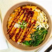 Chicken Katsu Bowl (Cooked) · Tempura fried Chicken breast, cabbage, seaweed salad, served over rice, topped with green on...