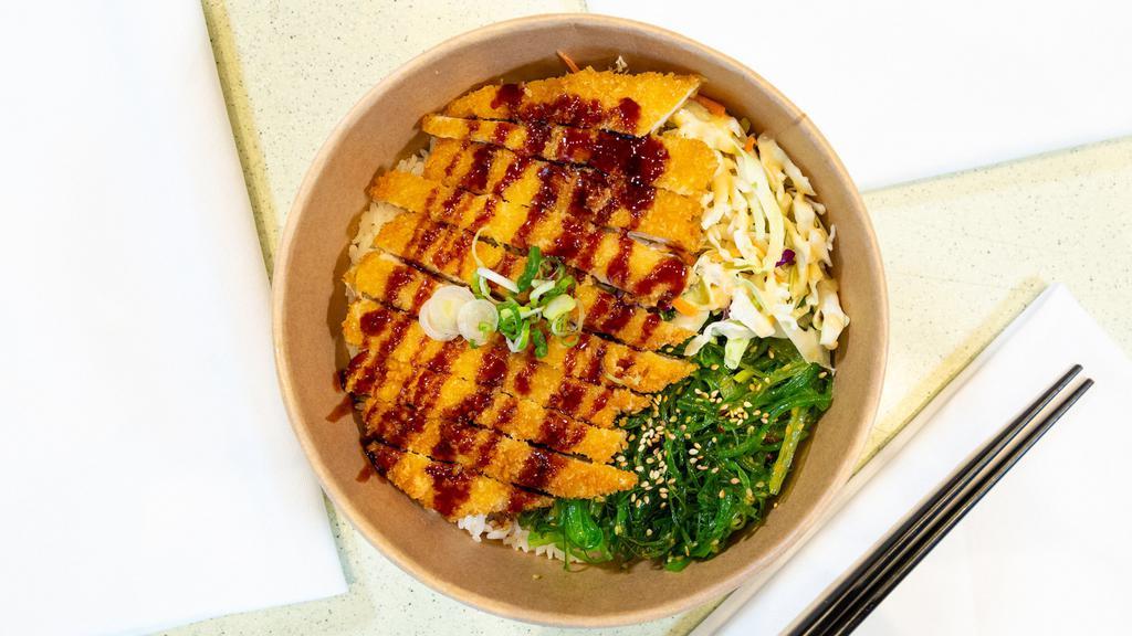 Chicken Katsu Bowl (Cooked) · Tempura fried Chicken breast, cabbage, seaweed salad, served over rice, topped with green onions, sesame seeds, and Eel sauce