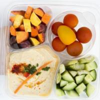 Go-Go Garbanzo · Sprouted garbanzo hummus, Iranian cucumbers, heirloom carrots, heirloom cherry tomatoes, and...