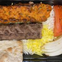 Combination Platter (P1) Serve 4 People · A combination of two skewers of beef, two skewers of chicken kobideh, one skewer chicken bar...